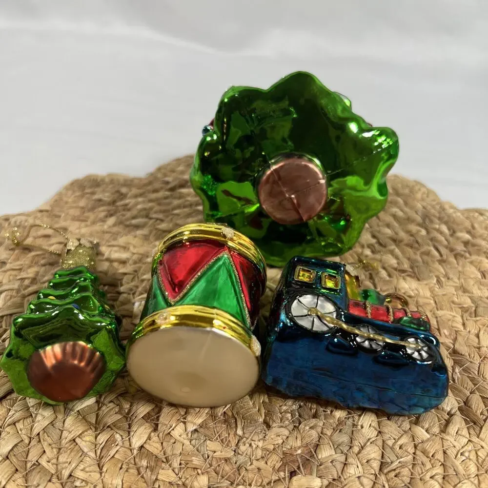 Vintage Thomas Pacconi Glass Christmas Tree 3.5” & 6.5” + Drum Train Ornaments